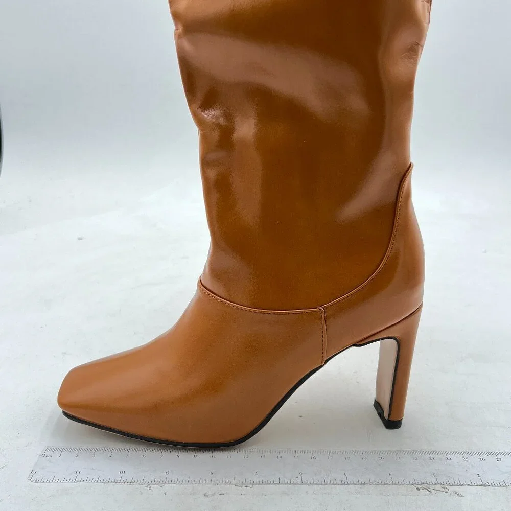 Brown Women Fashion Knee High Long Boot Pull On Square Toe Chunky Heel Fall Shoe
